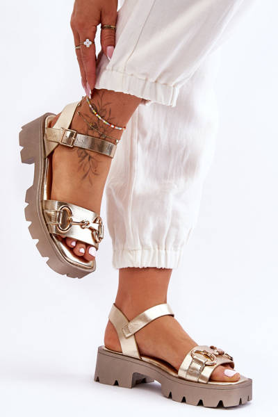 Damskie Skórzane Sandały Z Ozdobą Złote Emori