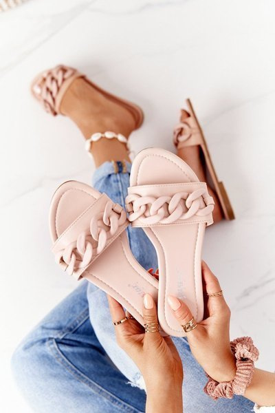 Skórzane Klapki Z Łańcuchem Beżowe Step By Step