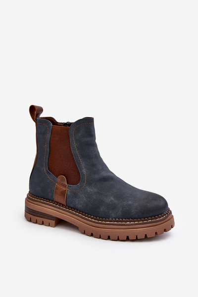 Ocieplane Damskie Botki Sztyblety Na Płaskim Obcasie Niebieskie Myrine