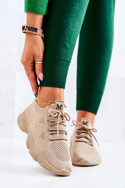 Sportowe Buty Sneakersy Materiałowe Ciemnobeżowe Nolene