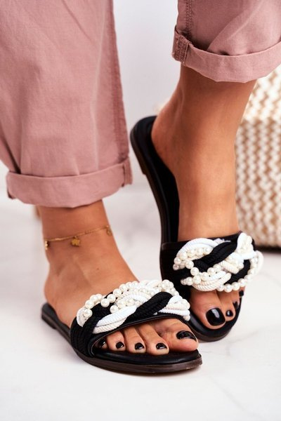 Damskie Klapki Lu Boo Czarne Perełki Plecionki Flora