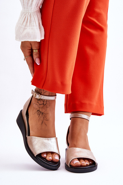 Damskie Klasyczne Skórzane Sandały Na Koturnie Złote Truett