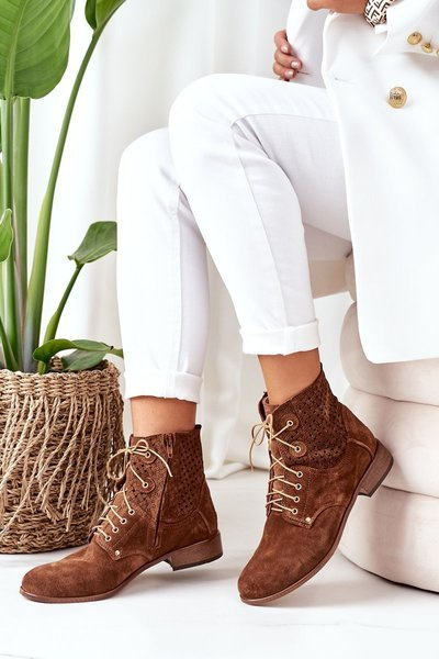 Zamszowe Botki Z Ażurowym Wzorem Brązowe Josie