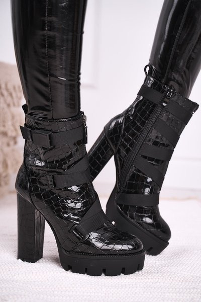 Damskie Botki na Słupku Wysokie Czarne Hortego