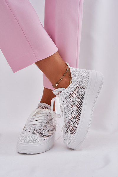 Sneakersy Damskie Na Platformie Z Szydełkową Cholewką Białe Mirietto