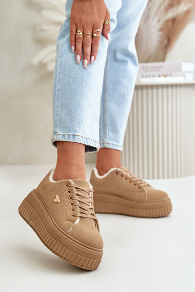 Sneakersy Damskie Ocieplane Na Masywnej Podeszwie Ze Złotym Detalem Brązowe Lotira
