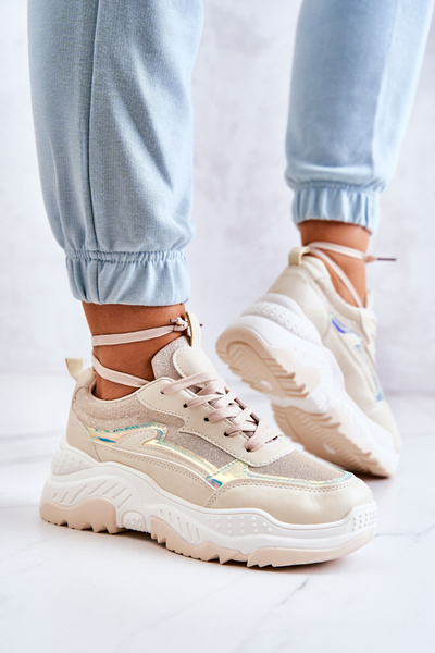 Damskie Błyszczące Sneakersy Beżowe Callisto