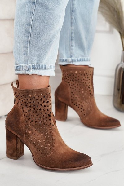 Ażurowe Botki Na Słupku Zamszowe Exquisite 1219 Koniak