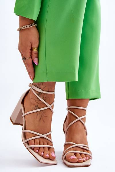 Skórzane Modne Damskie Sandały Na Obcasie Beżowe Primma