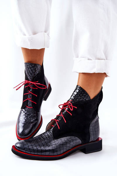 Skórzane Botki Wzór Aligatora Czarne Laorelia