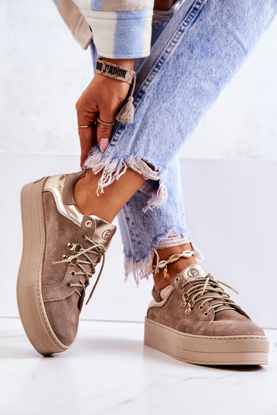 Zamszowe Buty Sportowe Na Platformie Beżowe Mary Ann