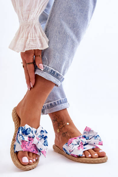 Damskie Klapki Z Materiałową Kokardą Białe Blossom