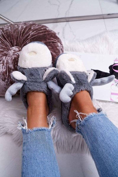 Papcie Damskie Z Futerkiem Renifery Szare Deff