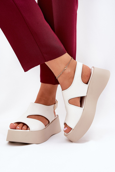 Sandały Damskie Na Platformie Eko Skórzane Białe Karonia