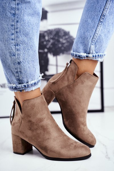 Botki Damskie Na Słupku Zamszowe Beżowe Mimosa