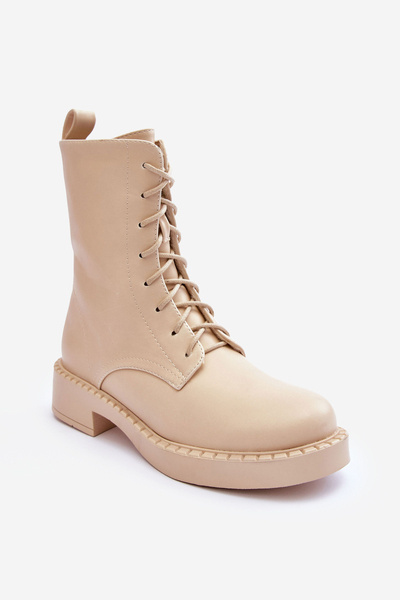 Skórzane Botki Workery Na Płaskim Obcasie Jasnobeżowe Aganne