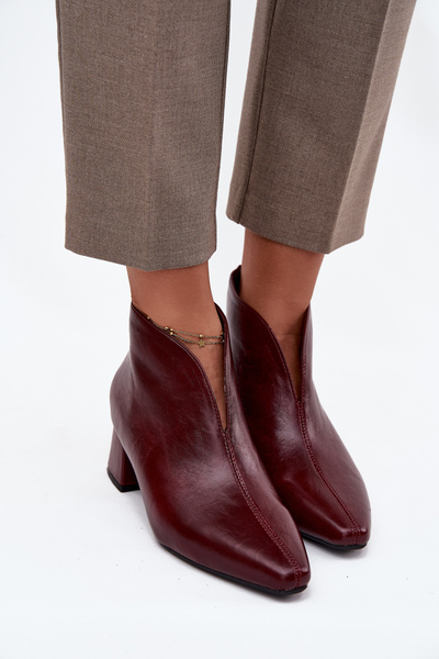 Eko Skórzane Botki Damskie Na Obcasie Bordowe Rylina