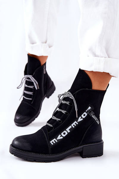 Skórzane Botki Z Ozdobnym Suwakiem Czarne Lomissa