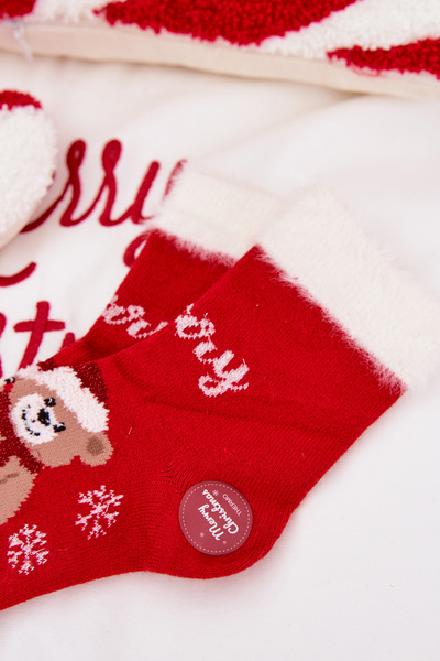 Skarpetki Świąteczne Dziecięce Z Futerkiem I Misiem I Wełna Alpaka Czerwone