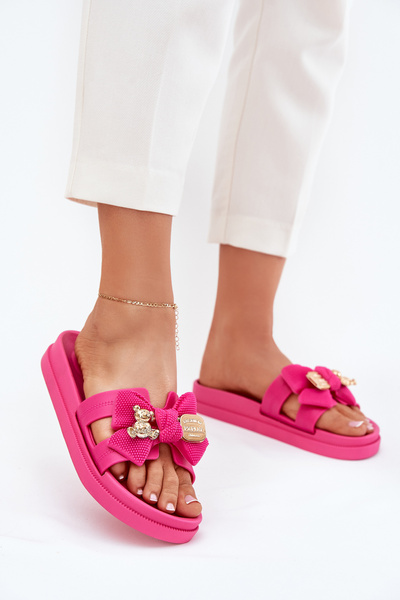 Klapki Damskie Z Kokardą I Złotą Broszką Fuksja Lynara