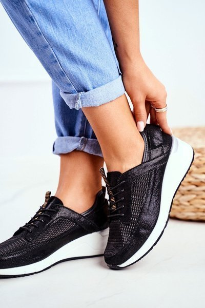 Obuwie Sportowe Damskie Skórzane Czarne Love Me