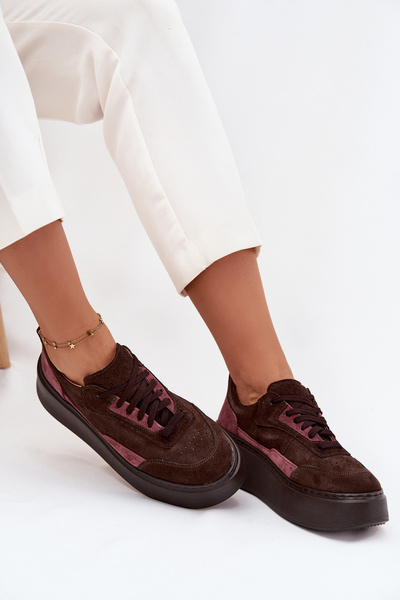 Sneakersy Damskie Z Naturalnego Zamszu Na Platformie Zazoo N1265S3 Czekoladowe