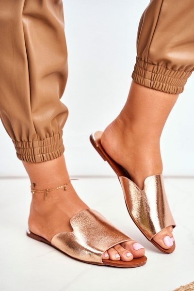 Klapki Damskie Płaskie Różowe Złoto Mimios