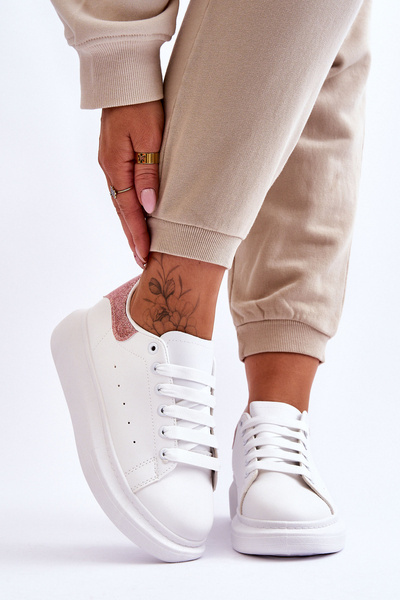 Damskie Buty Sportowe Na Platformie Brokatowe Biało-Różowe Eliso