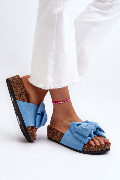 Damskie Klapki Na Korkowej Platformie Z Kokardą Niebieskie Tarena