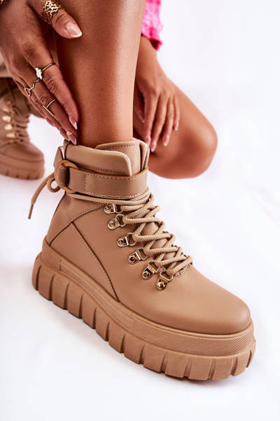 Modne Damskie Botki Na Platformie Z Paskiem Beżowe La Blanca