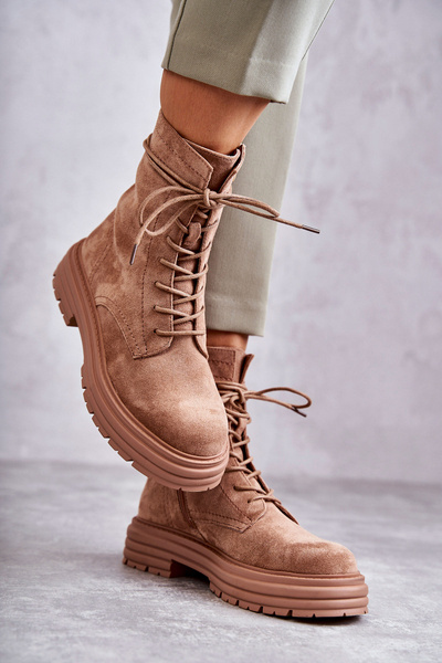 Damskie Zamszowe Botki Wiązane Camel Afra