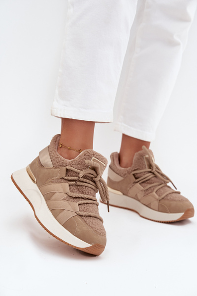 Ocieplane Sneakersy Damskie Na Platformie Beżowe Juvira
