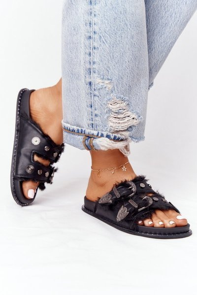 Klapki Z Klamrami I Futerkiem Czarne Lydi