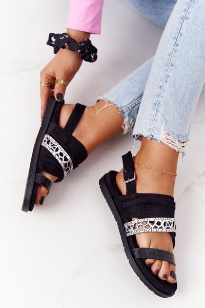 Damskie Zamszowe Sandały Czarno-Srebrne Asturia