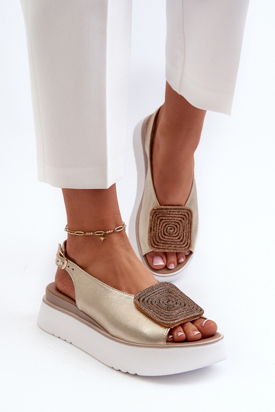 Zazoo 1786 Skórzane Sandały Damskie Na Platformie Z Ozdobą Złote