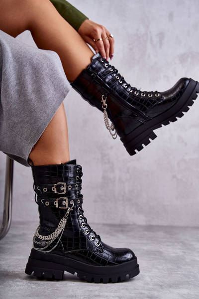 Wysokie Workery Botki Z Łańcuchem Wężowe Czarne Montero