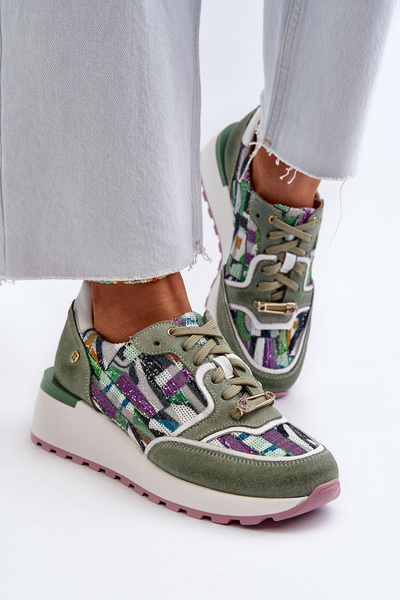 Skórzane Sneakersy Damskie Na Platformie Maciejka 06390-09 Seledynowe