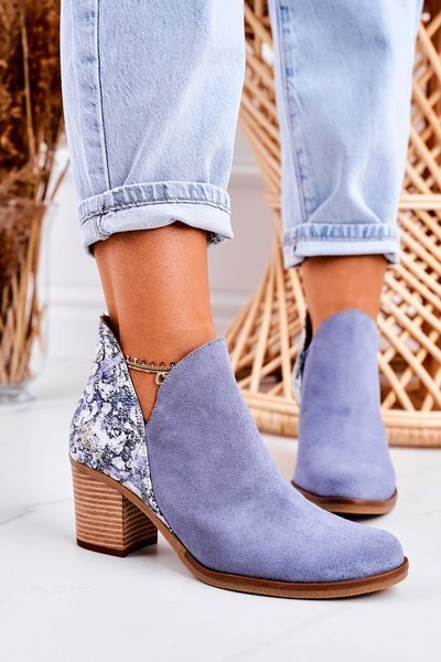 Damskie Skórzane Botki Na Słupku Maciejka Jasny Niebieski 04492