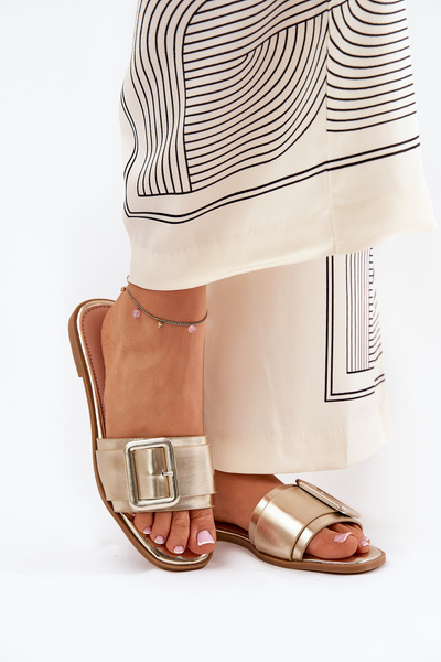 Płaskie Klapki Damskie Eko Skórzane Z Klamrą Złote Bamma