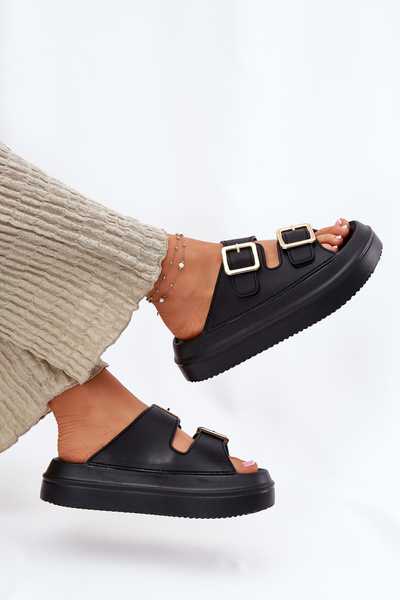 Klapki Damskie Na Platformie Ze Złotymi Klamrami Czarne Zorila