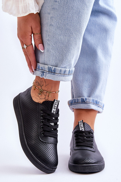 Damskie Ażurowe Sznurowane Trampki Czarne Carinel