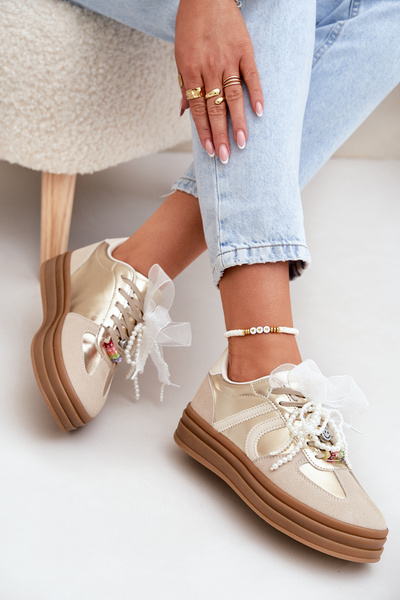 Sneakersy Damskie Na Platformie Z Ozdobami Beżowo-Złote Vinness