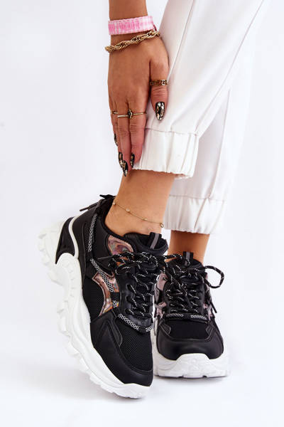 Damskie Buty Sportowe Sznurowane Na Platformie Czarne Minea