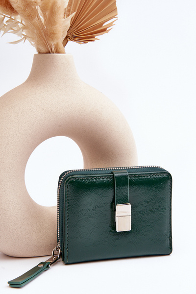 Damski Lakierowany Portfel Portmonetka Z Ekoskóry Ciemnozielony Zalirna