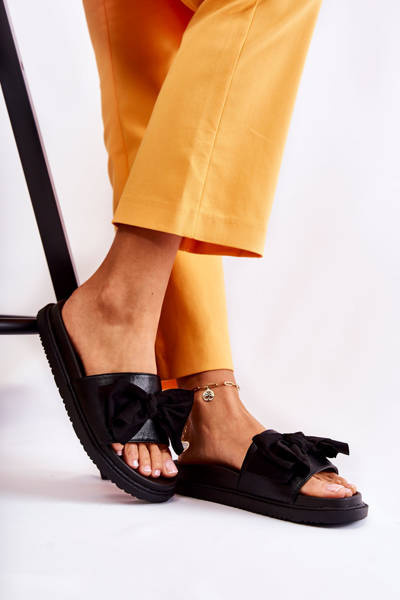 Klasyczne Damskie Klapki Skórzane Z Kokardą Czarne Dessy