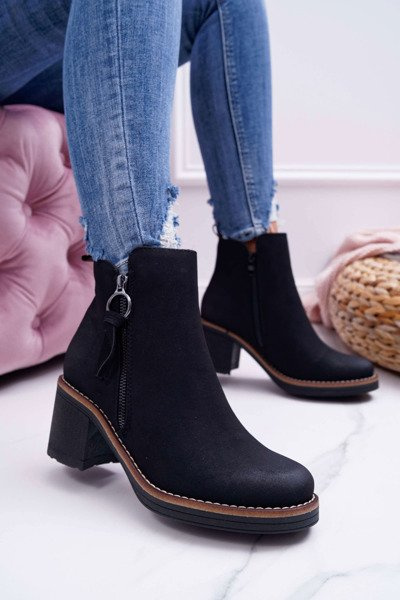 Damskie Botki Na Słupku Ocieplane Filcem Czarne Delia