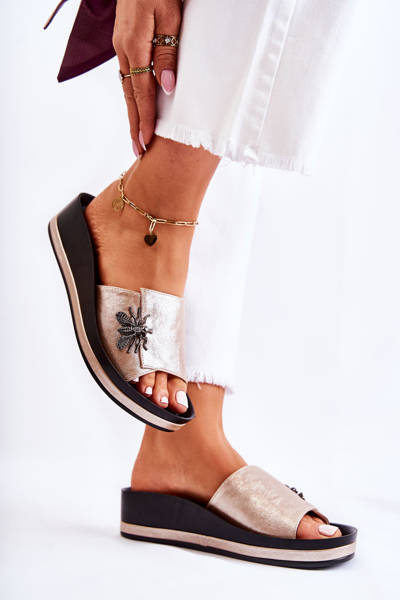 Damskie Modne Klapki Z Ozdobą Złote Holle