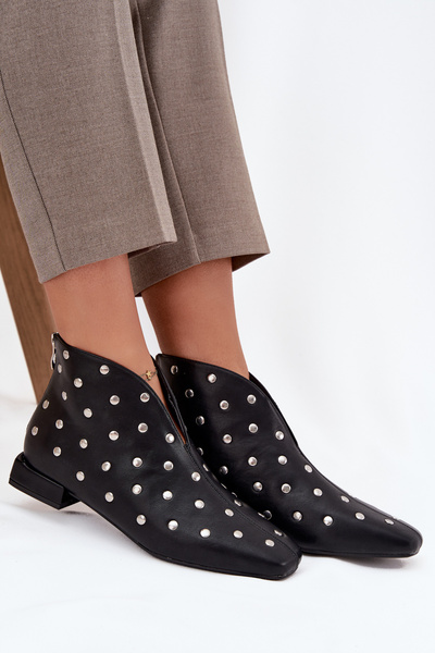 Botki Damskie Na Delikatnym Obcasie Ze Srebrnym Zdobieniem Czarne Rosalind
