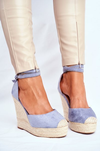 Sandały Damskie Na Koturnie Lniane Niebieskie Canterola