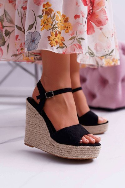 Sandały Damskie Na Koturnie Lniane Czarne Girenn